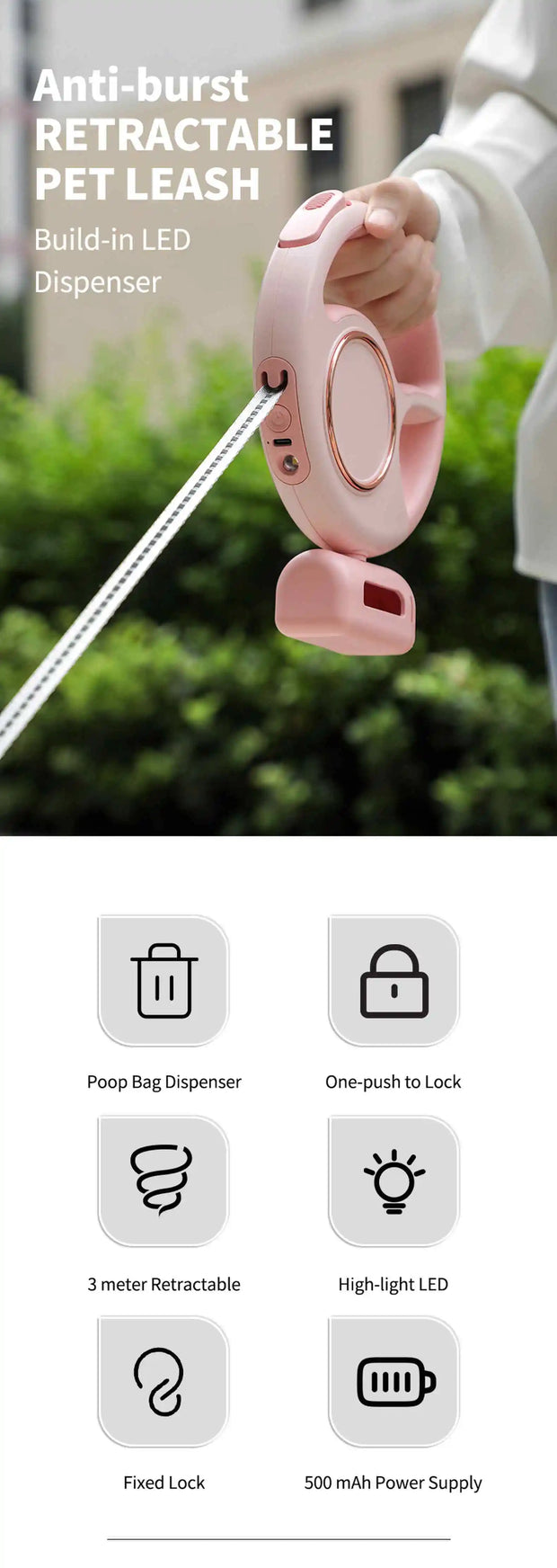 3M Retractable Dog Leash with Poop Bag Holder