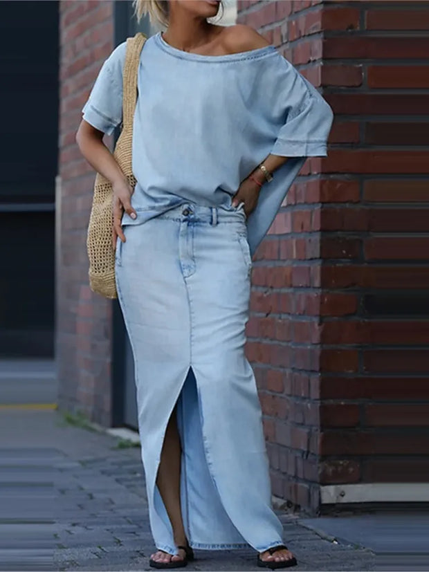 Skew Collar Maxi Skirt Set