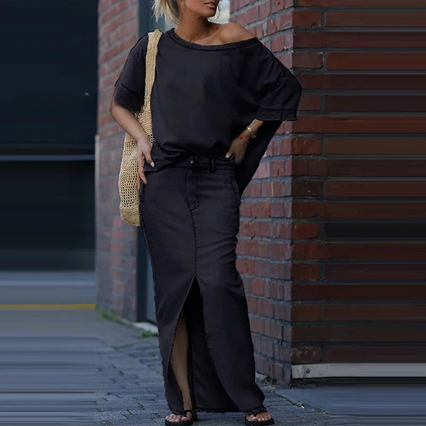 Skew Collar Maxi Skirt Set